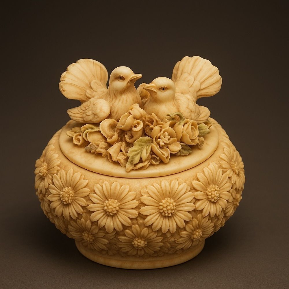 Scultura Bordon Italian Carved Lovebirds Daisy Floral Trinket Box Cream Italy